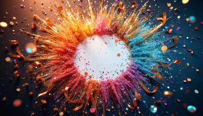 Fototapeta premium Vibrant Party Popper Explosion with Glitter, Ribbons & Sequins, High-End Celebration, Festive Confetti Burst, Dynamic Circular Formation, Premium Copyspace for Text & Branding