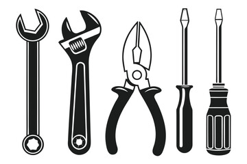 Set of repair and work tools with hammer, wrench, pliers, and screwdriver