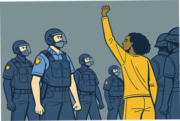 Police officers form a resolute line, facing an organized crowd of demonstrators, rendered in a flat, bold color palette, conveying civic confrontation and urban unrest.