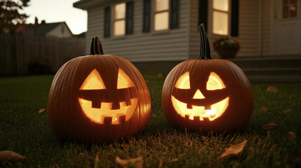 Obraz premium Halloween pumpkins in front of a house at dusk shallow depth of field spooky decoration