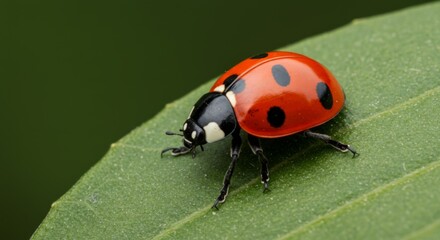Red Ladybug on Green Leaf Closeup