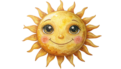 Cute smiling sun icon with cheerful expression, happiness and positivity concept, isolated on transparent background