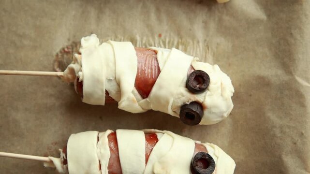 raw Halloween appetizer mummies made from sausages wrapped in puff pastry and decorated with olives. Festive spooky snack idea, ready to be baked for Halloween party food