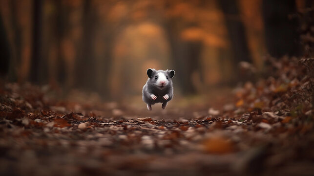 Funny rat running in the autumn forest wildlife scene - Powered by Adobe