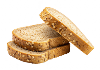 Three slices of whole grain bread with seeds, stacked and isolated on a transparent background