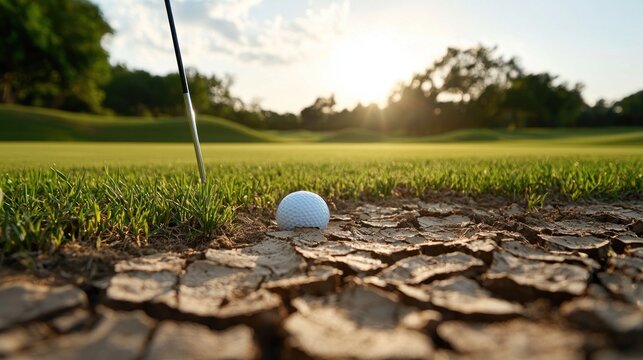 Golf ball on cracked, dry ground near green
