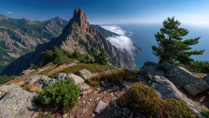 Mountaintop vista with rugged peaks, coastal mist, and pine