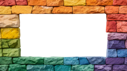 Rainbow stone rectangular frame with colorful blocks creating vibrant multi-hued decorative border design, isolated on a transparent background