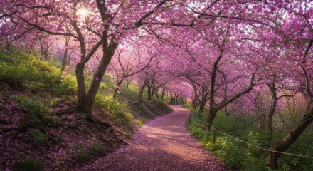 Obraz premium Pink Blossom Pathway: Sunlit Path Through a Floral Garden