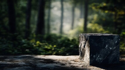 Fototapeta premium Stone block podium in a serene forest setting ready to showcase nature s products