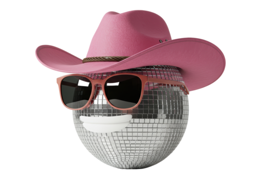 Isolated Quirky Disco Ball with Pink Cowboy Hat and Sunglasses Emoji on White Background