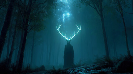 Fototapeta premium Mysterious wendigo figure in dark forest with glowing antlers.