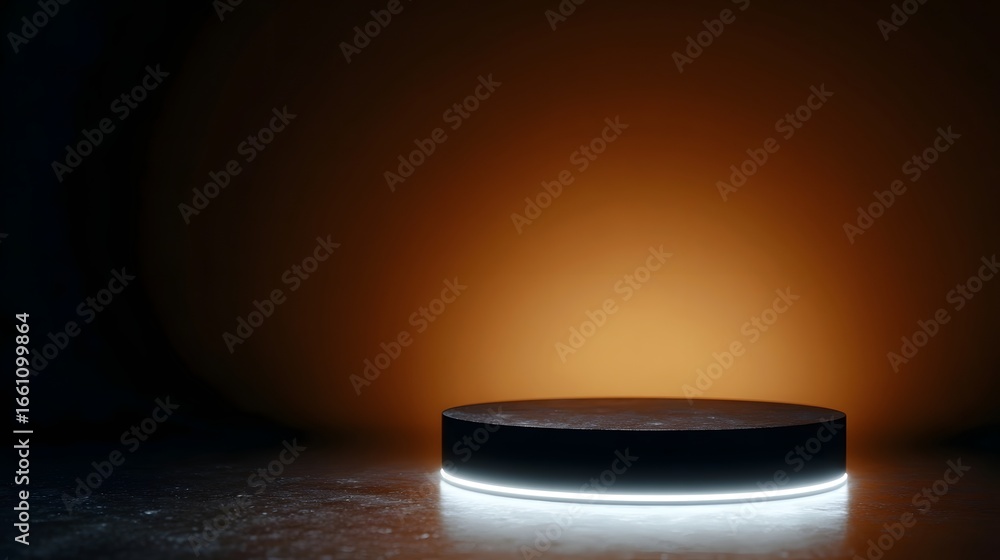 Canvas Prints illuminated circular podium against a dark studio background