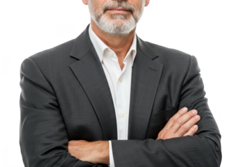 Mature businessman with gray beard wearing a suit and white shirt, arms crossed, isolated on transparent background