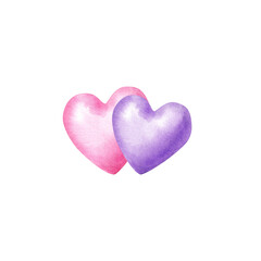 Two hearts pink and purple. Simple watercolor clip art isolated for valentine's day design