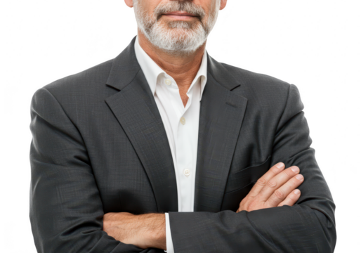 Mature businessman with gray beard wearing a suit and white shirt, arms crossed, isolated on transparent background - Powered by Adobe