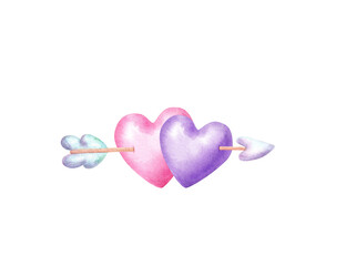 Two hearts with cupid arrow in cute naive style. Watercolor hand drawn illustration for Valentine's Day decor.