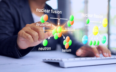 Nuclear energy concept with a man using reactions to produce electricity and obtained from nuclear fission and fusion reactions