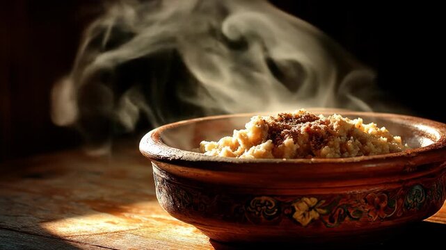 Steaming Porridge in Rustic Brown Bowl on Wooden Table