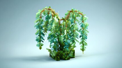 Low-poly, voxel-style rendering of a weeping plant with cascading, teal-green foliage in a textured, cubic pot against a light-blue background