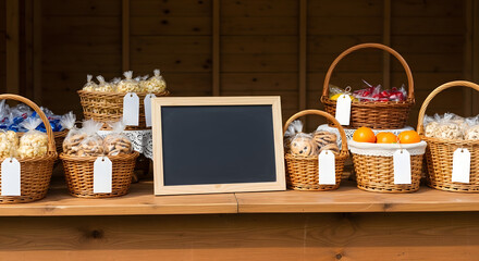 Assorted snacks in wicker baskets with blank board sign