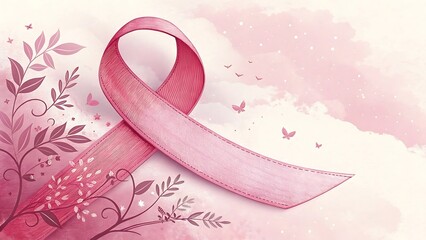 Elegant Pink Ribbon with Floral and Butterfly Accents for Breast Cancer Awareness