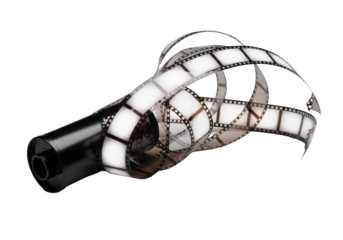 Classic black 35mm film canister with a tangled, unspooled translucent celluloid film strip, displaying blurry, overexposed frames on a transparent background. Concept of lost memories and analog