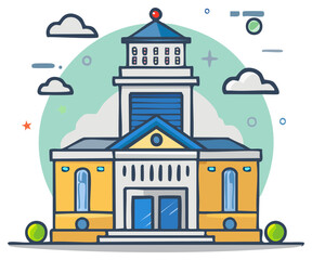 Obraz premium Cartoon Courthouse Building with a Clock Tower and Clouds