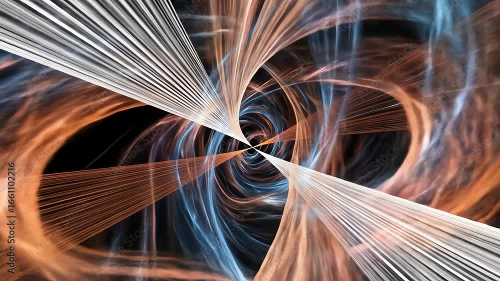 Poster abstract swirling vortex of orange, white, and blue lines converging towards a central point, creati