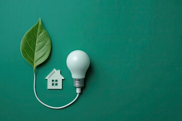 Green home energy efficiency; leaf, lightbulb, house; teal background; eco-friendly concept