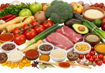 Assortment of fresh healthy food including raw meat, vegetables, fruits, spices, and grains isolated on transparent background