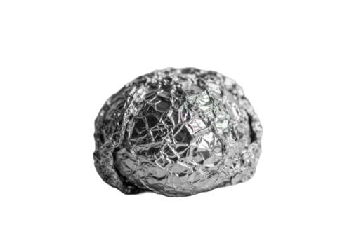 Crumpled silver aluminum foil, highly reflective with intricate wrinkles and dazzling specular highlights, on a soft-focus transparent background with creamy bokeh, abstract art concept