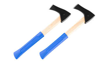 Two Axes with Wooden Handles and Blue Grips