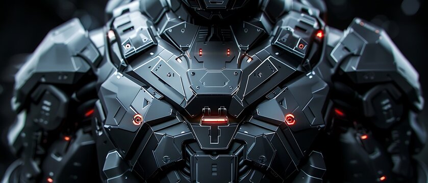 Closeup view of a highly detailed, futuristic black armored suit with glowing orange accents.