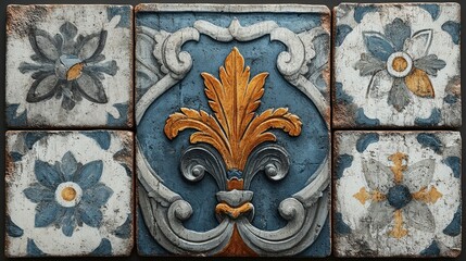 Vintage, ornate ceramic tiles in blue, gold, and grey
