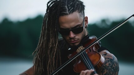 A man with dreadlocks playing a violin.