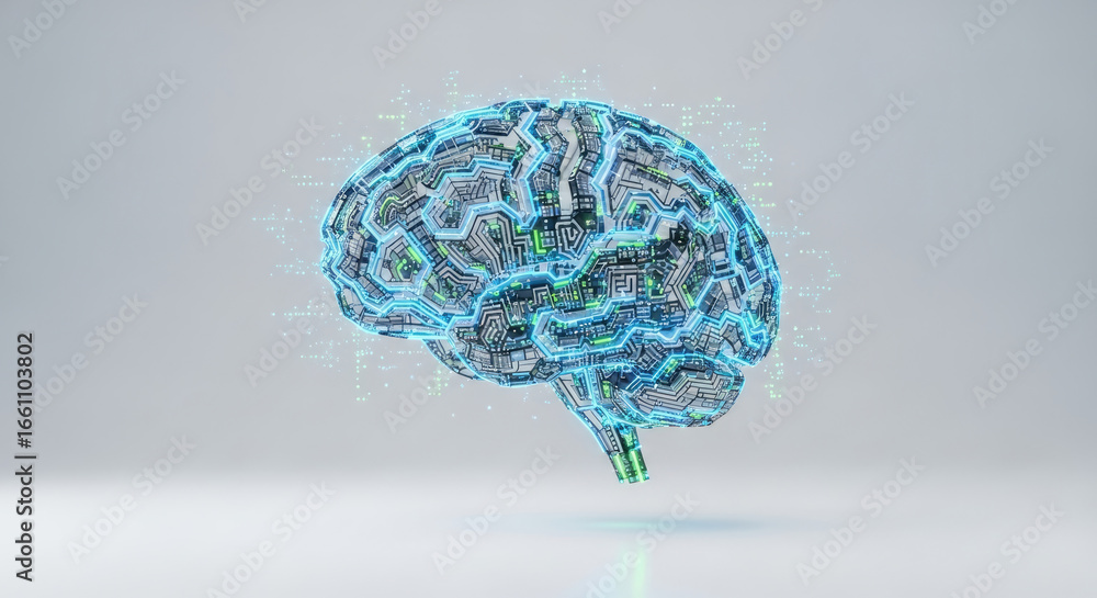 Poster digital brain with intricate circuit patterns against a plain light gray background view