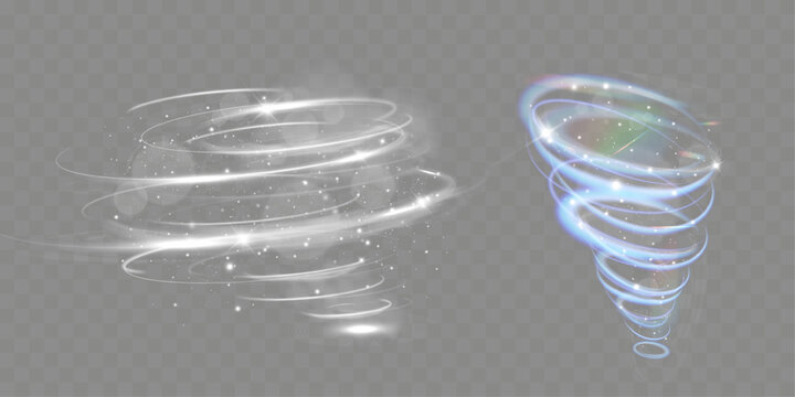 Magic glowing spiral tornado vortex with light swirl and sparkles on transparent background.
