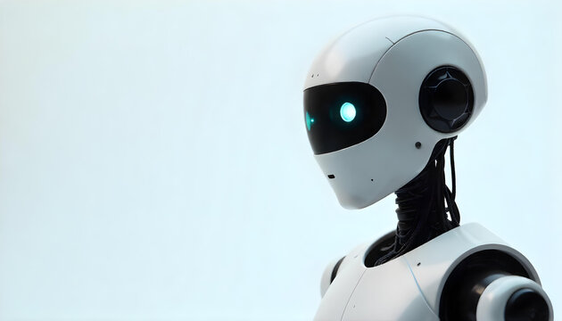 modern humanoid robot closeup face isolated on white background
