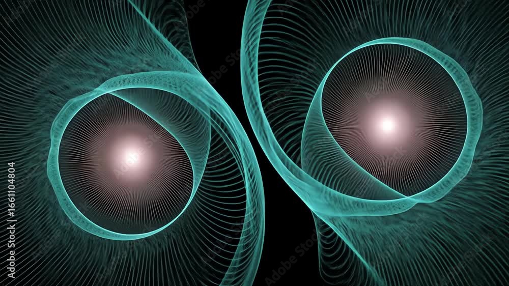 Poster abstract image featuring two circular shapes with glowing centers and swirling teal lines against a 