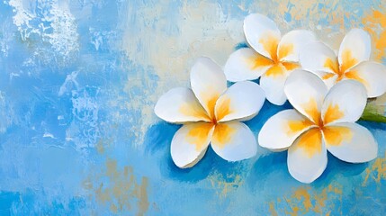 Fototapeta premium White Plumeria Blossoms Oil Painting Impasto Style Blue Background