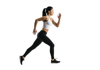 Young woman running and exercising, isolated on transparent background