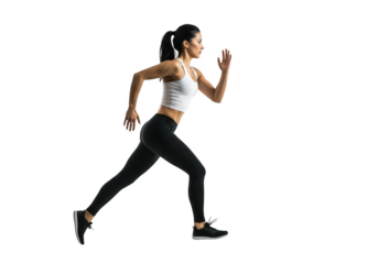 Young woman running and exercising, isolated on transparent background