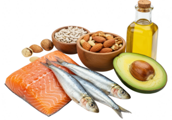 Assortment of healthy foods rich in omega fatty acids, including fish, nuts, avocado, and oil, isolated on transparent background