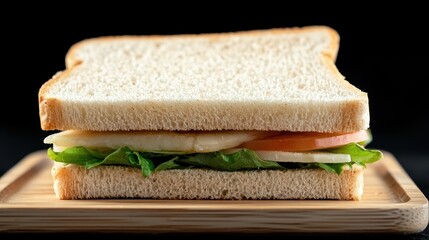 A sandwich with lettuce, tomato, and cheese on a wooden board.