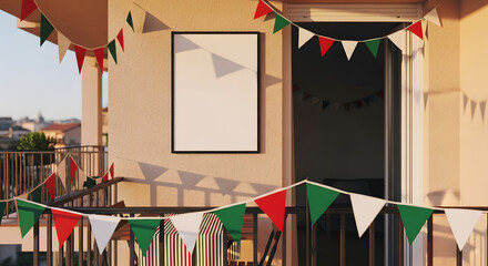 Apartment balcony with blank poster and green bunting