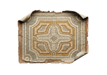 Extremely old, cracked linoleum flooring, faded retro pattern in muted tones, curled edges, isolated on a transparent studio background, photorealistic flat lay. Concept of aged material decay