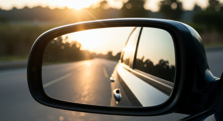 Fototapeta premium Gazing at the Golden Sunset Reflected in the Side Mirror of a Moving Car