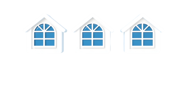 Three stylized white house icons with arched blue windows