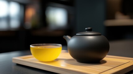 A black teapot and a yellow cup of tea sit on a wooden tray.